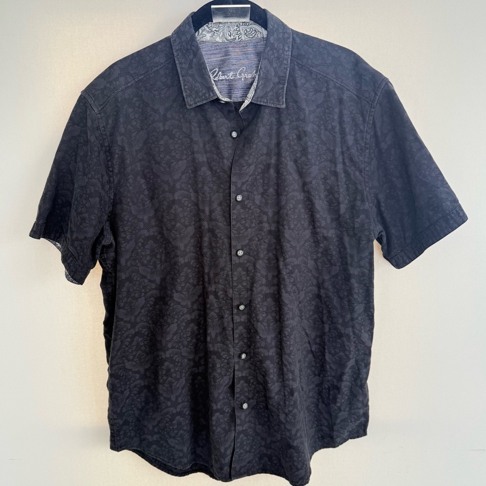 Robert Graham Highland short sleeve button down shirt in black damask jacquard